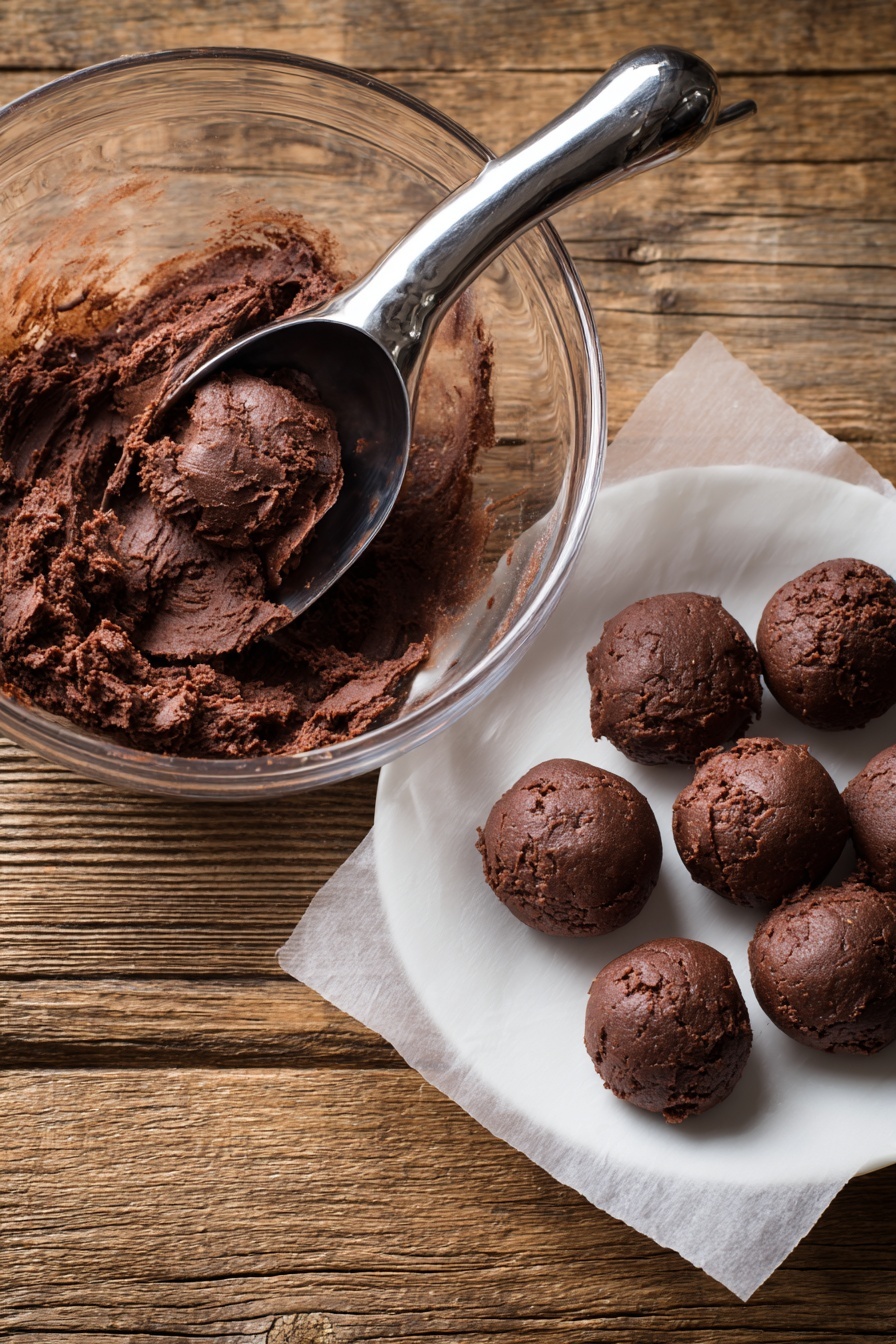 The image shows dark brown chocolate balls each placed in a white ridged paper cup, arranged on a white plate with scalloped edges. Each chocolate ball is covered with small light beige nut crumbs sprinkled on top, giving a rough texture contrast to the smooth surface of the chocolate. The scene is set on a white marbled surface which offers a clean and soft background that highlights the chocolates. The focus is on the front chocolate balls, with others softly blurred in the background, creating depth in the image. photo taken with an iphone --ar 2:3 --v 7