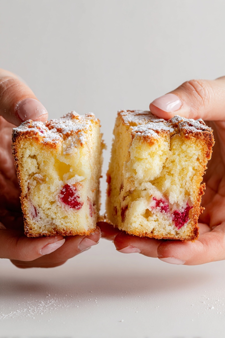 Two pieces of light golden-brown cake with red berry bits inside are being pulled apart by two hands against a plain white background. The cake texture looks soft and moist with crumbly edges and a dusting of powdered sugar on top. The inside is pale yellow with scattered juicy-looking red fruit pieces. The hands are holding the cake gently to show the fluffy inside clearly. Photo taken with an iphone --ar 2:3 --v 7