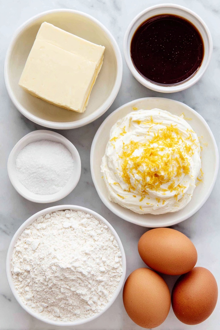 Flat lay of a few tablespoons of unsalted butter in a small white ceramic bowl, a half cup of granulated sugar in another small white bowl, a half cup of all-purpose flour in a white ceramic bowl, a small white bowl holding baking powder and salt side by side, fresh zest of one large lemon spread delicately on a white plate, two large whole brown eggs with clean shells, a small white bowl filled with vanilla extract, and a small white ceramic bowl with powdered sugar for dusting all arranged in perfect symmetry, placed on a clean white marble surface, soft natural light, photo taken with an iPhone, professional food photography style, fresh ingredients, white ceramic bowls, no bottles, no duplicates, no utensils, no packaging --ar 2:3 --v 7 --p m7354615311229779997