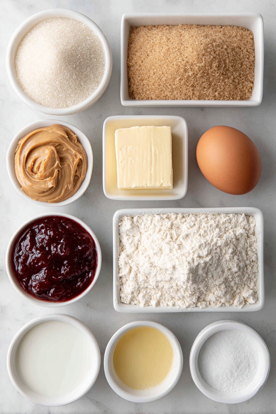 Flat lay of a small mound of granulated sugar, a small mound of packed light brown sugar, a neat dollop of creamy peanut butter, a small square of unsalted butter softened, one whole uncracked brown egg, a small pile of all-purpose flour, a small white ceramic bowl with baking soda powder, a small white ceramic bowl with baking powder powder, a small white ceramic bowl with salt, a small white ceramic bowl with powdered sugar, a small white ceramic bowl with golden vanilla extract, a small white ceramic bowl with creamy milk, and a small white ceramic bowl filled with thick red jam, all arranged symmetrically on a clean white marble surface, soft natural light, photo taken with an iPhone, professional food photography style, fresh ingredients, white ceramic bowls, no bottles, no duplicates, no utensils, no packaging --ar 2:3 --v 7 --p m7354615311229779997