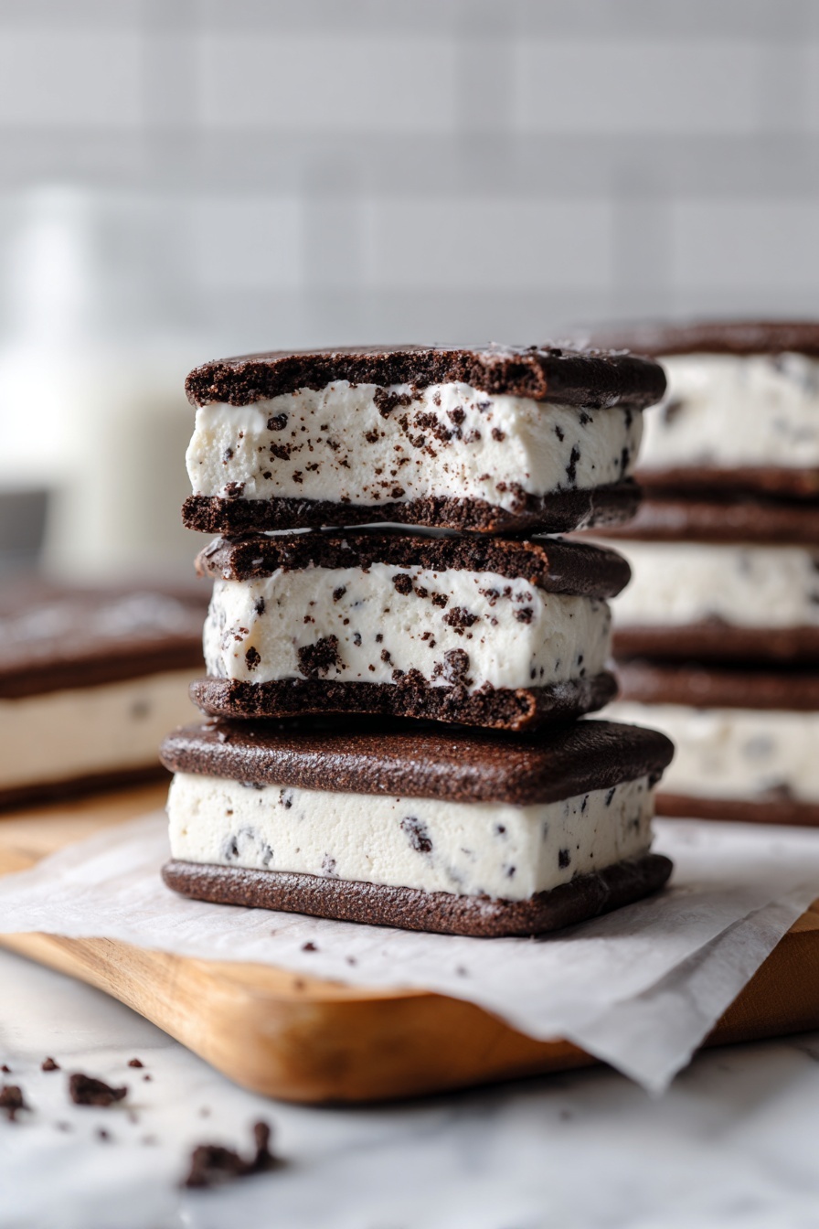 The image shows a stack of five thick bark pieces made of a white base mixed with dark cookie chunks. Each piece has an uneven texture with dark cookie parts embedded inside and visible on the edges, giving a rough look. The layers are irregular and roughly rectangular, stacked slightly askew on a smooth brown surface with crumbs scattered around. The white base looks creamy while the cookie pieces are crumbly and dark brown to black, contrasting sharply. photo taken with an iphone --ar 2:3 --v 7
