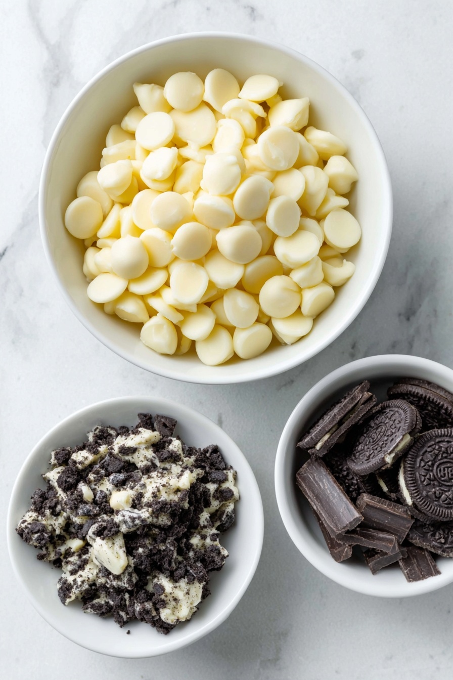 Flat lay of a simple white ceramic bowl filled with smooth white chocolate chips, a small white bowl holding chopped Oreo cookies with visible black cookie pieces and white cream filling, placed on a clean white marble surface, soft natural light, photo taken with an iPhone, professional food photography style, fresh ingredients, white ceramic bowls, no bottles, no duplicates, no utensils, no packaging --ar 2:3 --v 7 --p m7354615311229779997