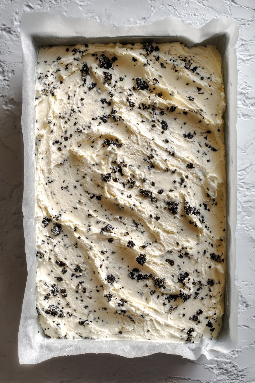 The image shows a single thick layer of a creamy white mixture with black chunks mixed throughout, spread unevenly on white parchment paper inside a metal baking tray. The black chunks are irregularly shaped, creating a rough texture on the smooth white cream base. The background has a white marbled texture. photo taken with an iphone --ar 2:3 --v 7
