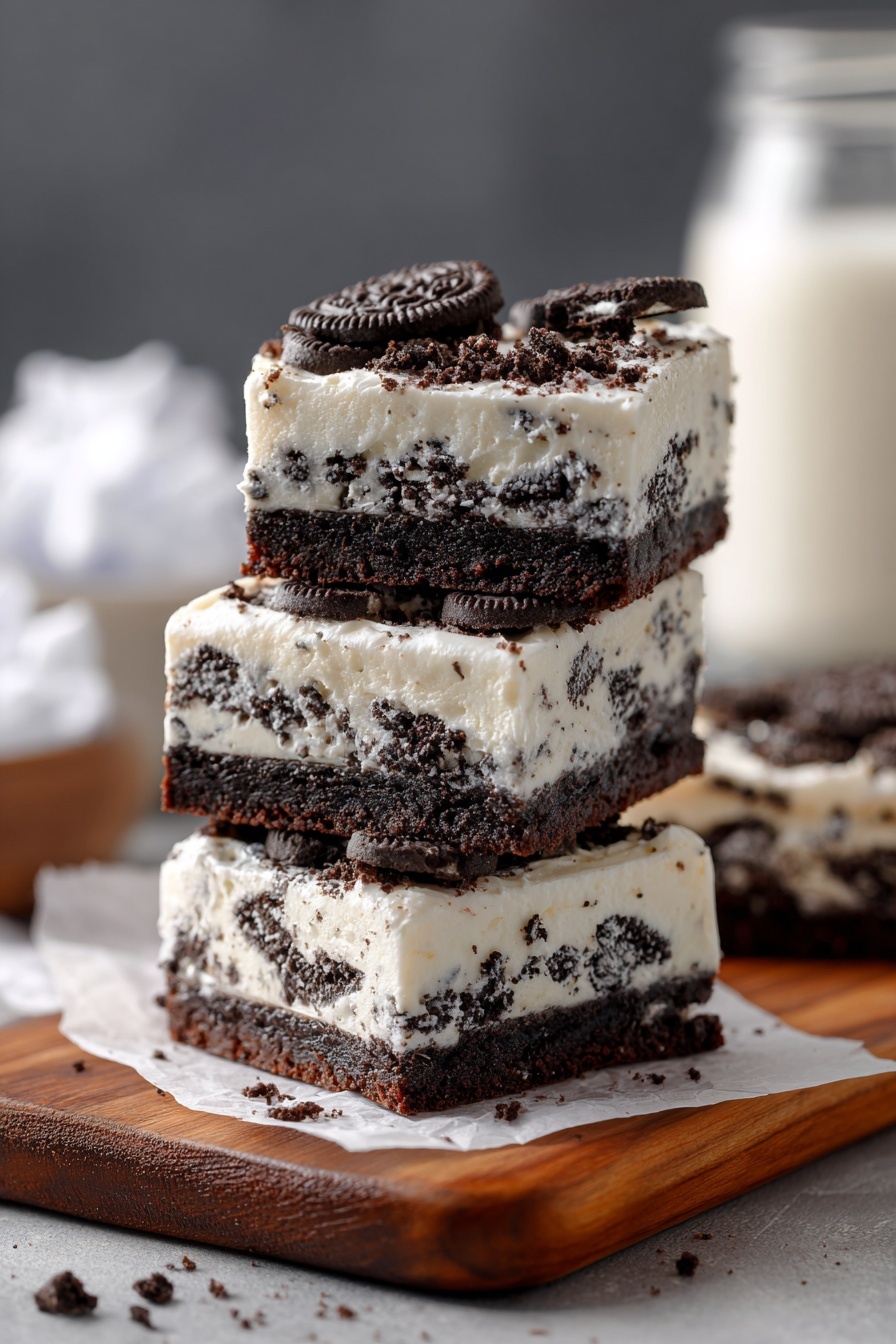 The image shows three layered squares of cookies and cream dessert stacked unevenly on a wooden surface. Each square has two layers of dark chocolate cookie pieces at the bottom and middle with a thick, creamy white layer containing crushed cookie bits in between and on top. The top layer is creamy white with larger pieces of cookies visible inside. In the background, there is a clear glass jar filled with milk, slightly blurred with some crumpled white paper nearby. Photo taken with an iphone --ar 2:3 --v 7