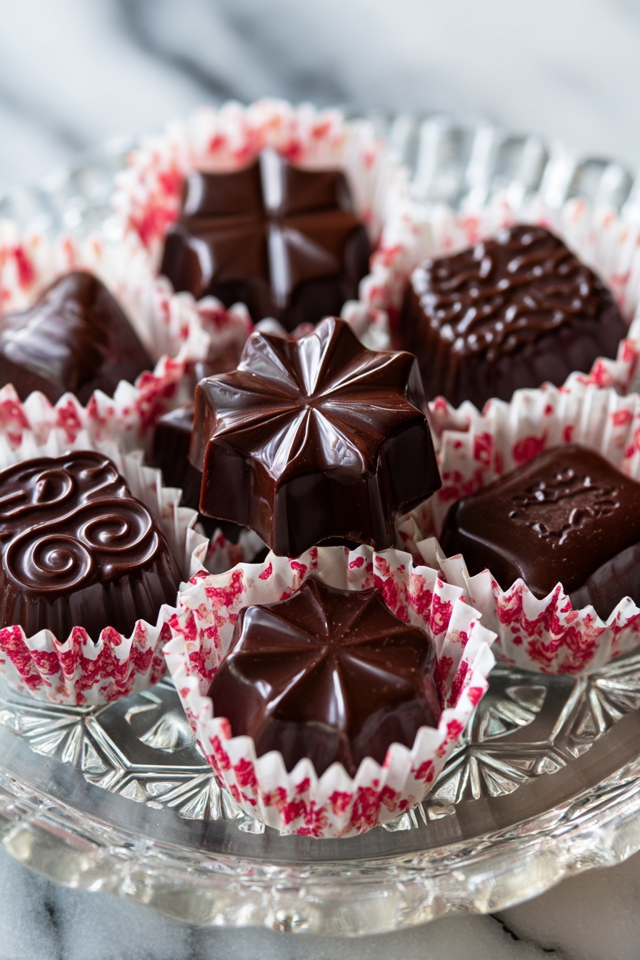 The image shows several dark chocolate candies with shiny surfaces arranged on a clear glass plate. Each piece has a unique shape with detailed patterns, including star, flower, and swirl designs on the top. Some chocolates are placed inside white paper cups with red and pink flower prints, giving a contrast to the dark brown of the chocolates. The glass plate has geometric patterns that reflect light softly. The background is a white marbled texture, which makes the rich dark chocolates stand out clearly. photo taken with an iphone --ar 2:3 --v 7