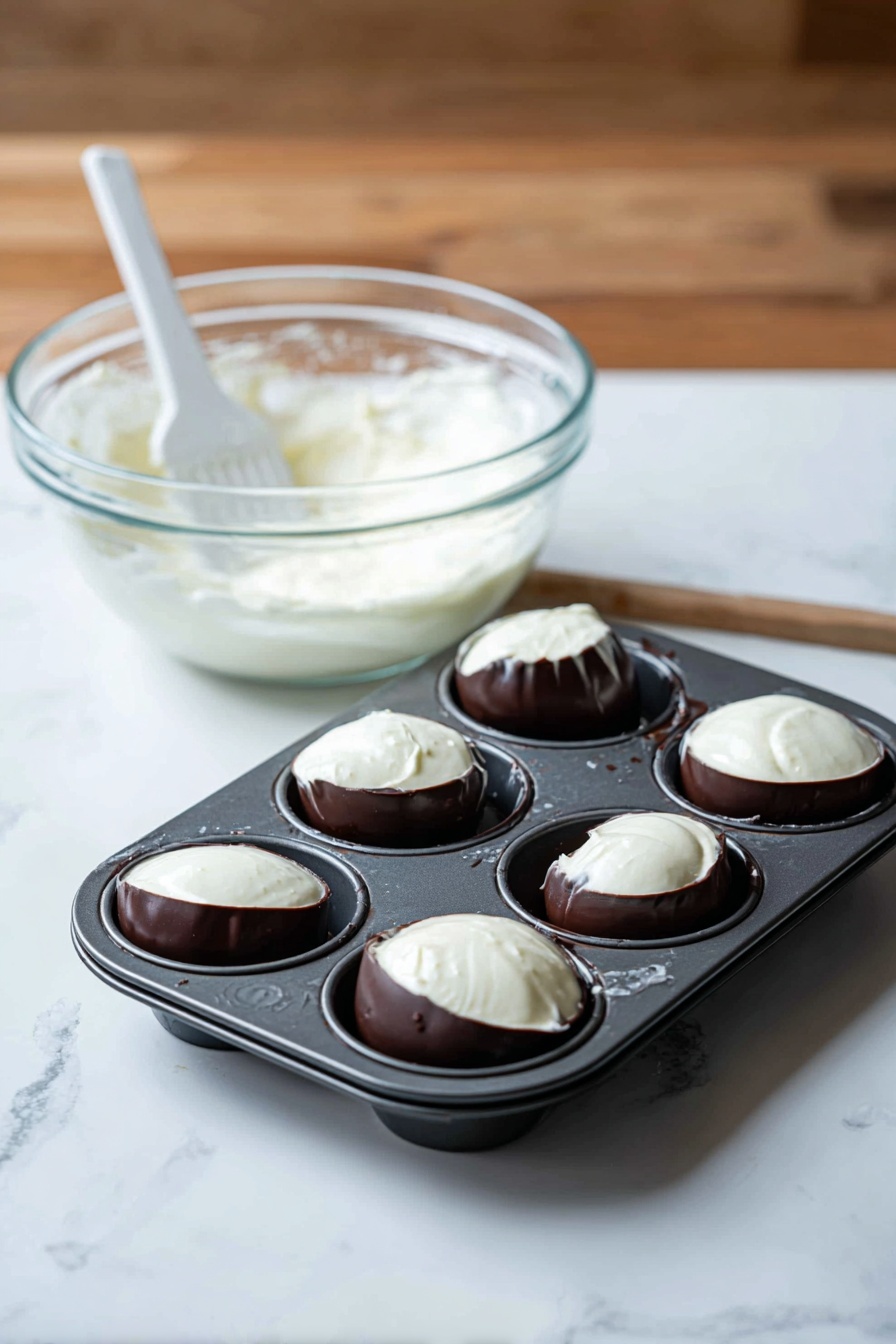 The image shows several dark chocolate candies with detailed ridges and designs on their tops. One candy is cut open, revealing a thick white creamy layer inside. The chocolate layers are rich and smooth, with the outer shell being glossy and dark brown, and inside is a soft white filling that looks creamy and thick. The candies are sitting on a warm brown wooden surface with some chocolate crumbs around. Photo taken with an iphone --ar 2:3 --v 7