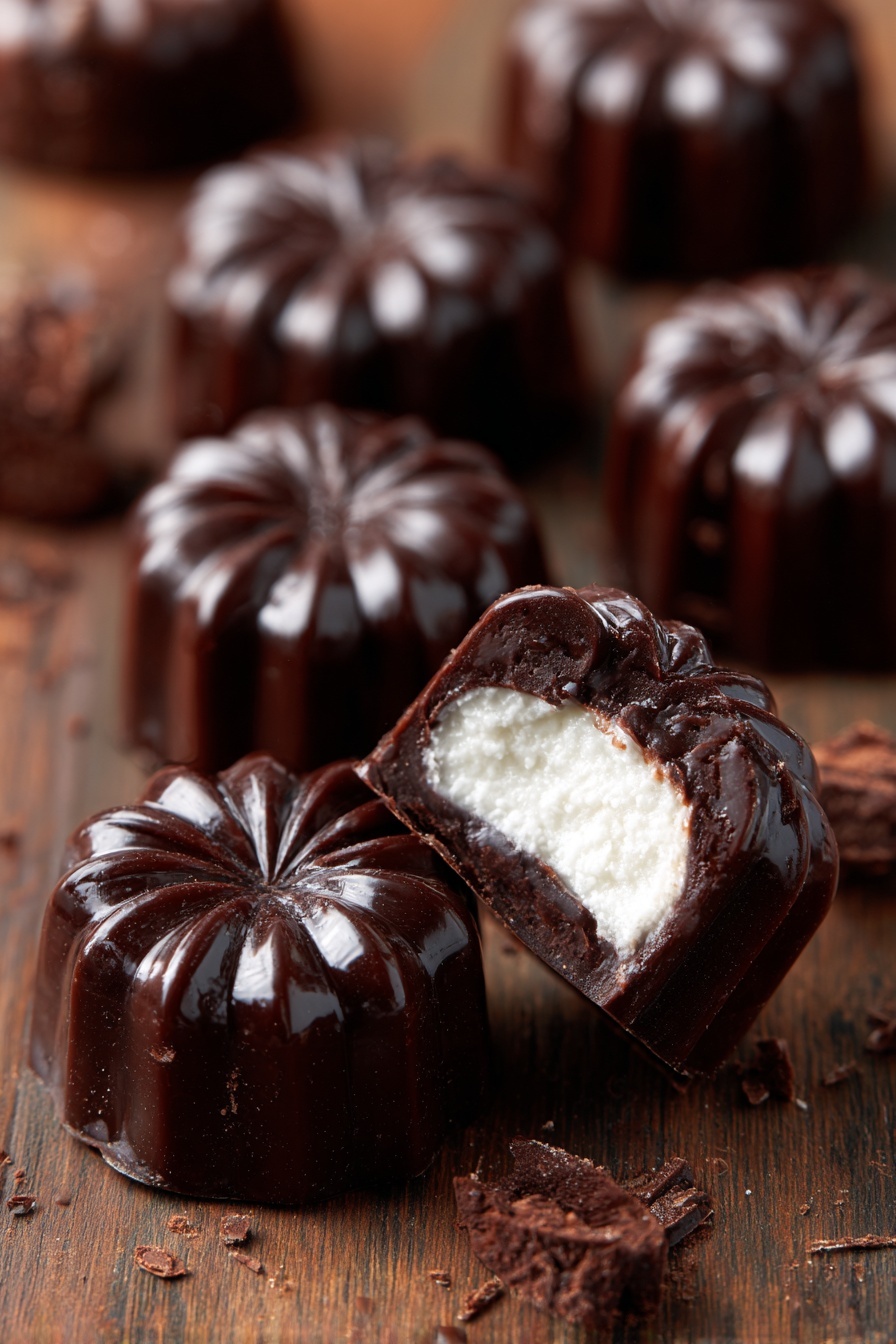 The image shows a metal baking mold with six round cavities, each lined inside with a thick dark chocolate layer that creates a shell. Inside each chocolate shell, there is a layer of smooth white cream filling that almost reaches the top edge. Behind the mold, there is a clear glass mixing bowl with some white cream still on the sides and a white spatula inside. The setup is on a white marbled surface with a warm wooden floor blurred in the background. photo taken with an iphone --ar 2:3 --v 7