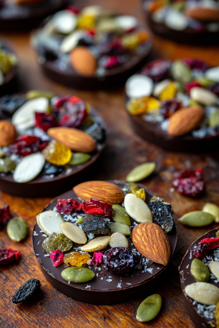 The image shows several round pieces of dark chocolate laid flat on a brown wooden surface, each topped with a colorful mix of ingredients. Each chocolate piece forms one smooth, dark brown layer as the base. On top, there are many small bits of dried fruits in red, yellow, green, black, and orange shades, combined with light brown whole almonds and light green pumpkin seeds. Small round white and light brown seeds are scattered all over. The toppings are unevenly spread, adding rough texture and bright colors over the dark, smooth chocolate circles. photo taken with an iphone --ar 2:3 --v 7