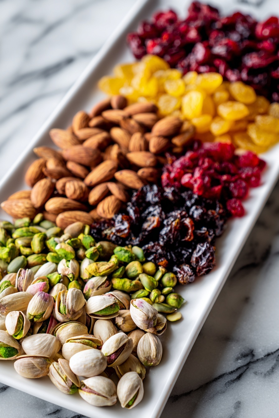 A long white rectangular plate holds seven rows of different nuts and dried fruits arranged neatly from front to back. The front row shows light green pistachios with some shells open, followed by a row of small pea-sized green seeds. Behind them is a row of whole almonds, brown and smooth. Next is a row of dark red dried cranberries with a moist texture, then bright yellow dried fruits, possibly raisins, shining slightly. The next row contains green pumpkin seeds, followed by vivid red dried fruits. Behind that are mixed light brown nuts and black seeds as the last row. The background is a white marbled surface. photo taken with an iphone --ar 2:3 --v 7