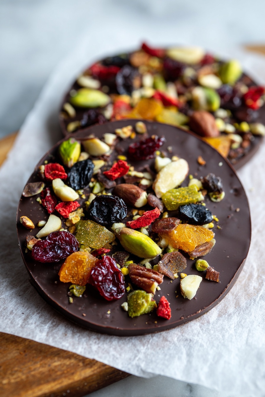 The image shows two pieces of dark chocolate mounds on white crinkled paper, each topped with an assortment of colorful dried fruits and nuts. The chocolate layers are dark brown with smooth texture and irregular round shapes, lying flat on the paper. On top, there are pieces of red, orange, green, yellow, and black dried fruits scattered unevenly, mixed with various nuts like pistachios, walnuts, and Brazil nuts, each with rough and varied textures. Small seeds are also sprinkled, adding tiny specks of brown and green. The scene is set on a wooden surface background that has been visually changed to a white marbled texture. photo taken with an iphone --ar 2:3 --v 7