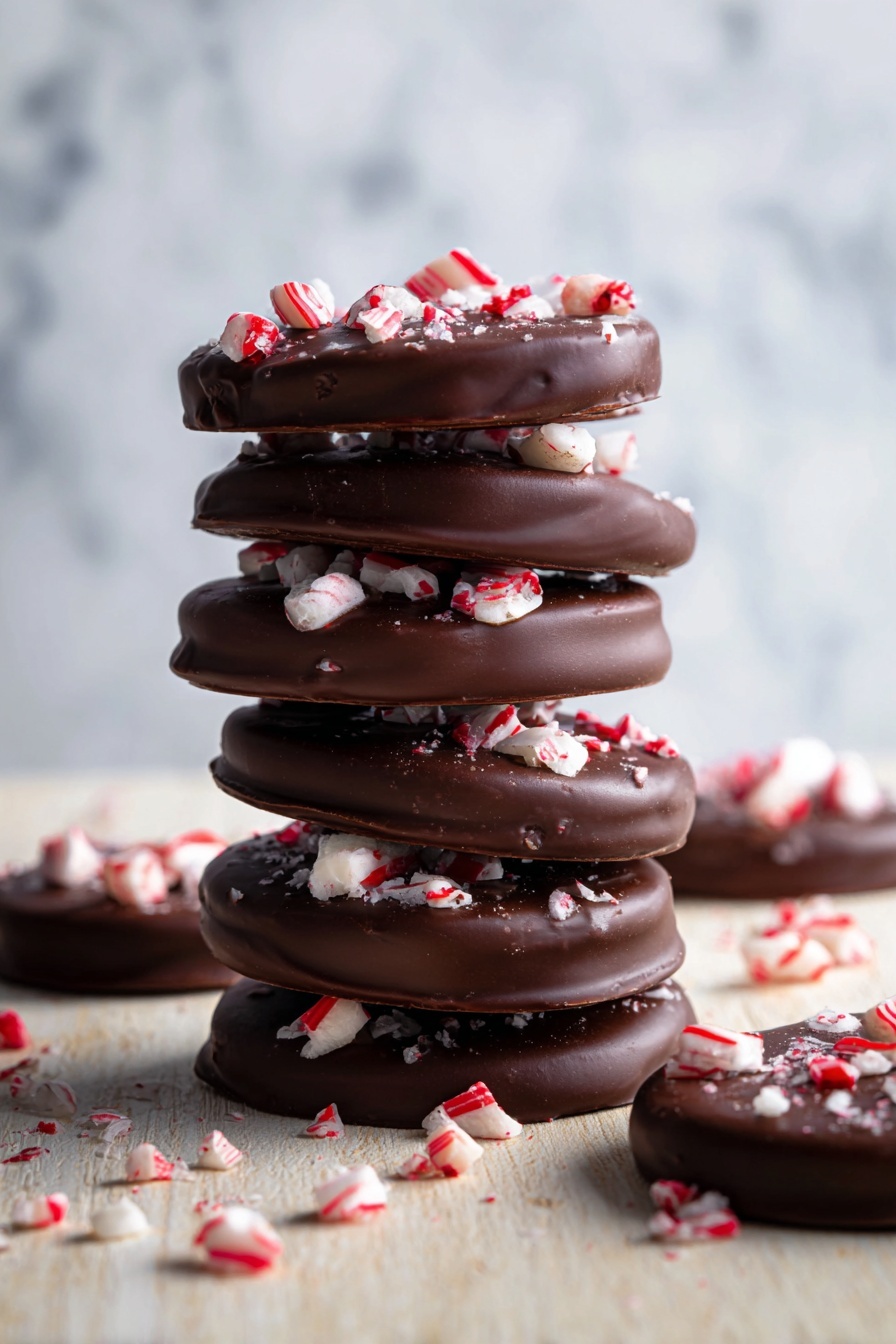 A tall stack of seven dark chocolate-covered round treats is shown, each topped with small chunks of red-and-white peppermint candy. The chocolate has a smooth, shiny texture, and the peppermint pieces are unevenly scattered, giving a festive look. Around the stack, more pieces of these chocolate peppermint rounds lie flat on a pale wooden surface, with extra peppermint bits spread loosely. The background is softly blurred with a white marbled texture, creating a clean and bright setting. Photo taken with an iphone --ar 2:3 --v 7