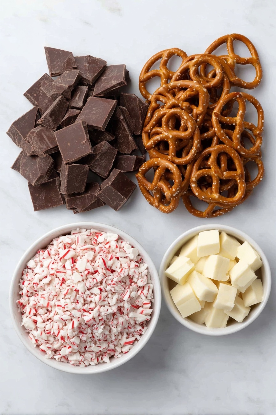 Flat lay of a small pile of chopped semisweet chocolate chunks, a neat stack of small twisted pretzels, and a white ceramic bowl filled with crushed peppermint candy pieces, all arranged with perfect symmetry and realistic proportions, fresh and natural, no packaging, no duplicates, no utensils, no bottles placed on a clean white marble surface, soft natural light, photo taken with an iPhone, professional food photography style, fresh ingredients, white ceramic bowls, no bottles, no duplicates, no utensils, no packaging --ar 2:3 --v 7 --p m7354615311229779997