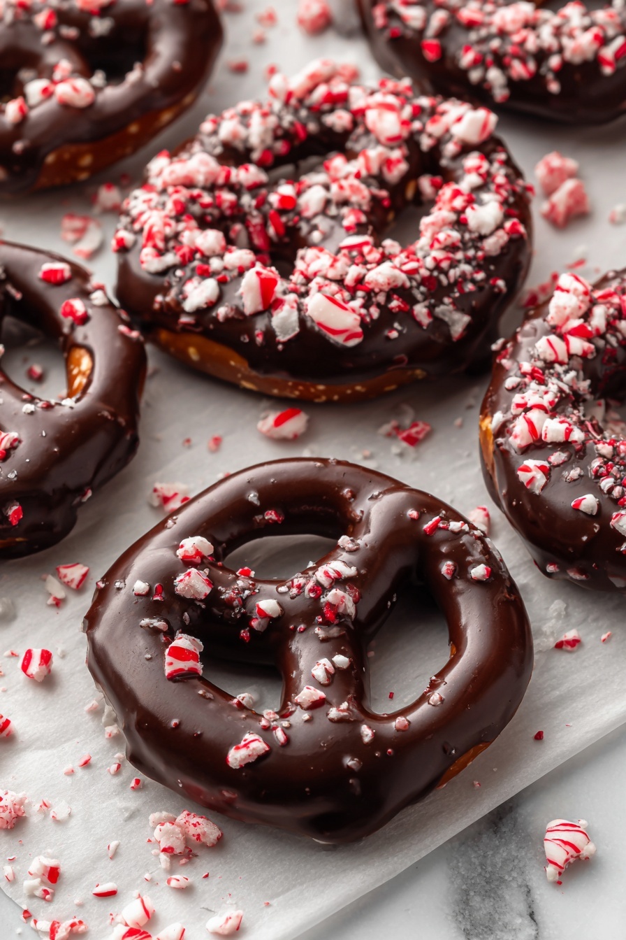 Multiple pretzels are covered in a thick layer of shiny dark chocolate, placed on a light parchment paper that lies on a white marbled surface. Several pretzels are plain chocolate while others have small, rough pieces of red and white peppermint candy sprinkled densely on top, adding texture and color contrast. The pretzels form uneven circular shapes with smooth, glossy chocolate that reflects light. Small peppermint crumbs are scattered around the pretzels on the parchment paper, enhancing the festive look. Photo taken with an iphone --ar 2:3 --v 7