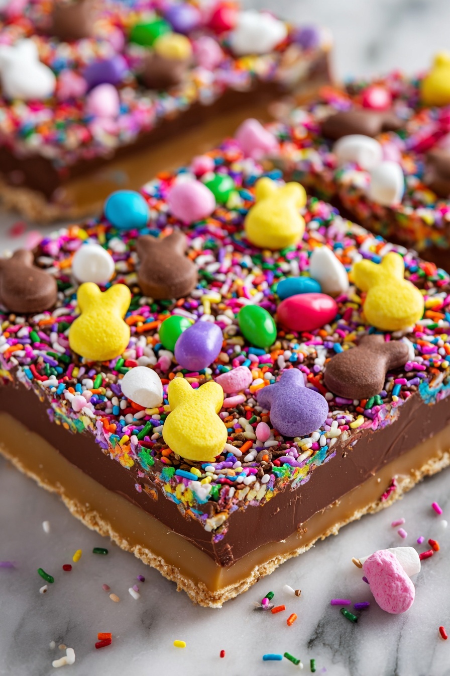 A square candy bark with three visible layers, starting with a light caramel base at the bottom, a thick middle layer of smooth, dark brown chocolate spread evenly on top, and a colorful topping covering the chocolate layer. The top layer is decorated with various candies including yellow marshmallow chicks placed in four groups, small jelly beans in many colors like red, pink, green, purple, and blue scattered all over, dark brown chocolate bunny shapes, half pieces of candy-coated chocolates showing white centers, and multi-colored sprinkles in round, long, and tiny shapes spread across the surface. The candy bark rests on a white marbled surface. Photo taken with an iphone --ar 2:3 --v 7