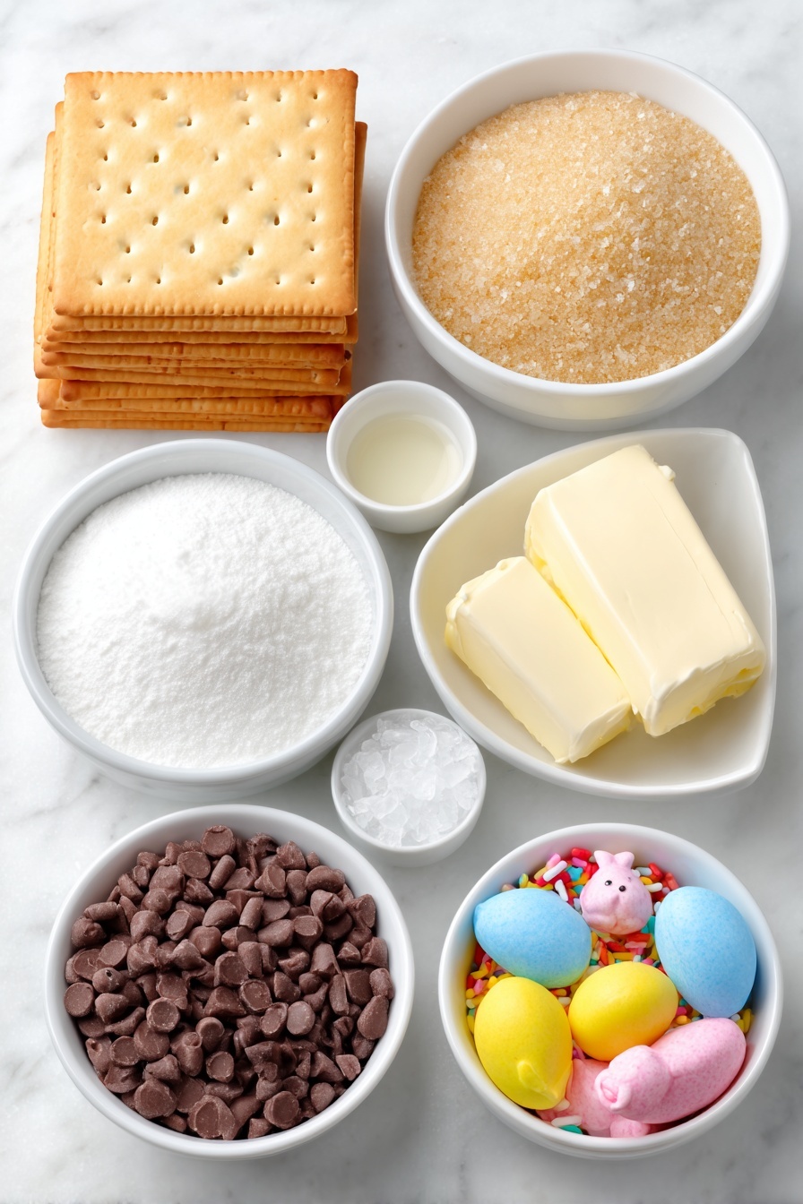 Flat lay of a neat stack of rectangular Saltine crackers with lightly salted tops, a small white ceramic bowl filled with packed light brown sugar, two sticks of unsalted butter with a creamy pale yellow color, a small white bowl containing fine salt crystals, a small white bowl of clear vanilla extract, a simple white ceramic bowl overflowing with shiny milk chocolate chips, a small white bowl filled with colorful Easter jelly beans and assorted pastel chocolate eggs, a small white bowl with bright spring-themed sprinkles, plus fresh yellow marshmallow Peeps and smooth milk chocolate bunny figures unwrapped, all arranged symmetrically with realistic proportions, placed on a clean white marble surface, soft natural light, photo taken with an iPhone, professional food photography style, fresh ingredients, white ceramic bowls, no bottles, no duplicates, no utensils, no packaging --ar 2:3 --v 7 --p m7354615311229779997