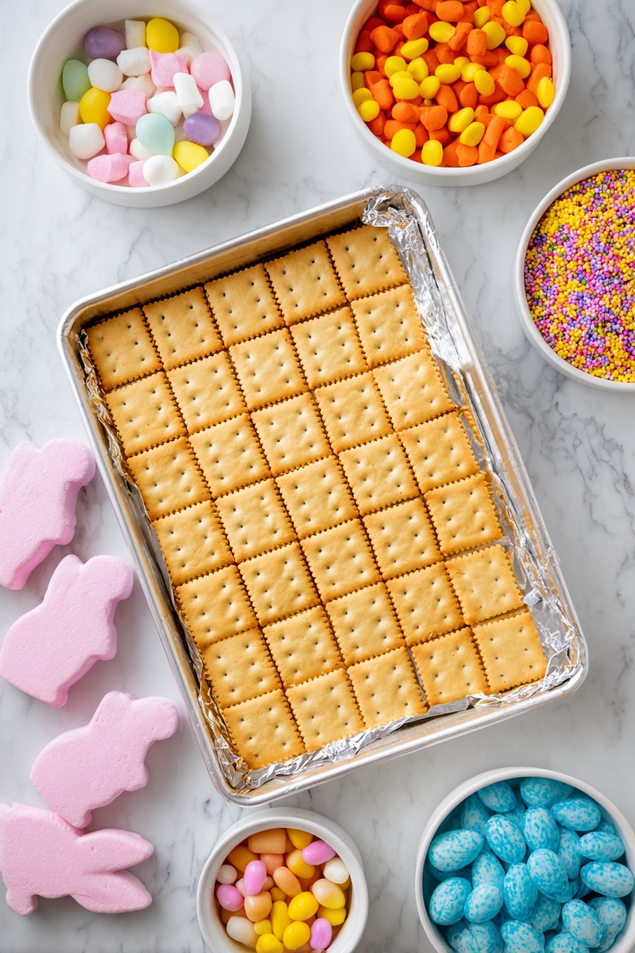 A rectangular white baking tray lined with foil holds a single layer of square saltine crackers, evenly arranged without gaps. Around the tray, on a white marbled surface, are four white bowls filled with colorful toppings: one with small pastel-colored egg-shaped candies, one with orange, yellow, and white cylindrical sprinkles, one with a mix of pastel-colored cylindrical sprinkles, and one with bright jelly beans in various colors. Next to the tray are several pink marshmallow bunny shapes and some blue speckled candy eggs. The scene is bright and clean, showing the components for assembling a sweet treat photo taken with an iphone --ar 2:3 --v 7