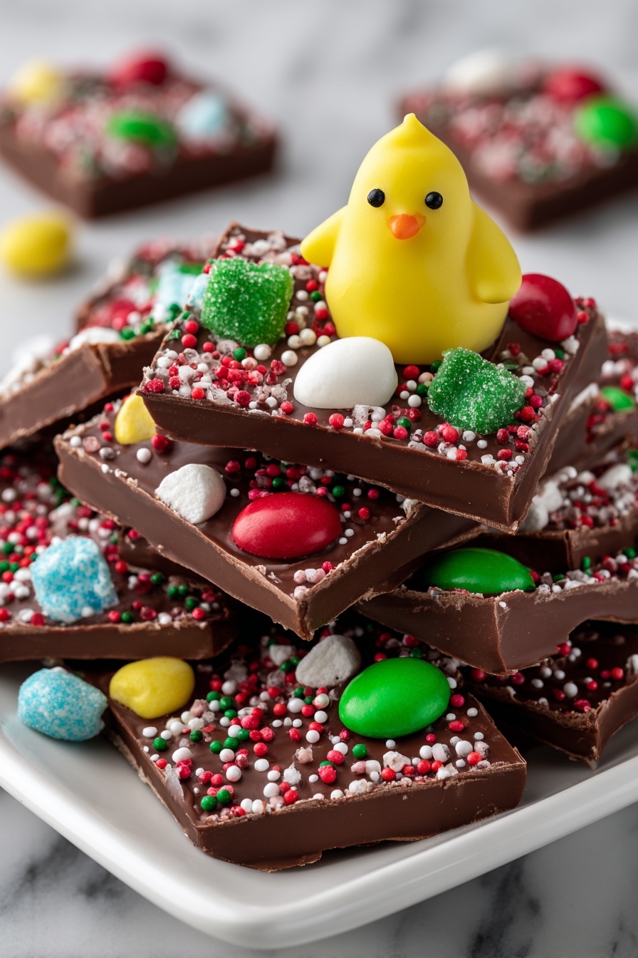 The image shows a white square plate filled with multiple rectangular chocolate bars layered on a light tan base. Each bar is covered with smooth, dark chocolate on top, scattered with small, colorful candy sprinkles in red, green, yellow, white, and pink. There are various candy pieces on top, including green, red, and blue coated chocolates, some cut open to show white filling. A bright yellow marshmallow chick candy sits prominently on one of the chocolate bars, adding a playful touch. The plate sits on a white marbled surface. photo taken with an iphone --ar 2:3 --v 7