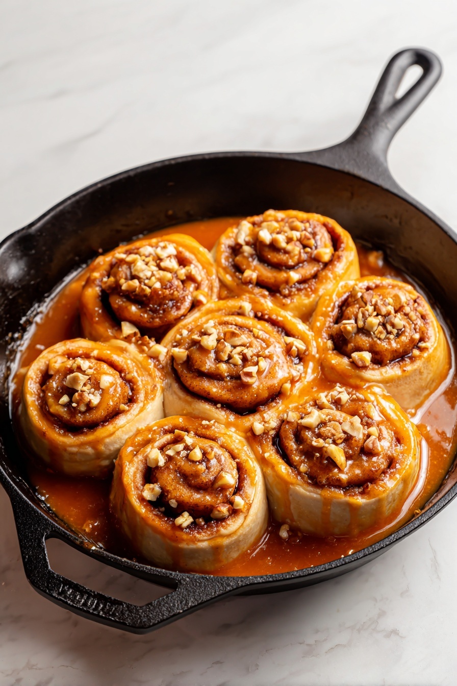 The image shows a black cast iron skillet filled with six cinnamon rolls arranged closely in two rows of three. Each roll is golden brown with swirled layers of light tan dough and dark cinnamon filling, topped with small chunks of nuts. The rolls sit in a thick, glossy, bright orange sauce that pools around them, visible between the rolls and at the edges of the skillet. The skillet rests on a white marbled surface with soft natural lighting highlighting the textures of the rolls and sauce. photo taken with an iphone --ar 2:3 --v 7