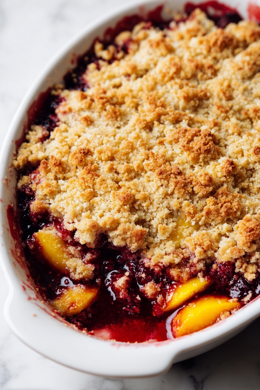 The image shows a white dish filled with a fruit crumble dessert. The bottom layer is a mix of dark purple and red berries and orange peach slices, all juicy and shiny. On top, there is a thick layer of crumbly topping with a golden-brown color and rough texture, scattered unevenly. A silver spoon rests on the side inside the dish, touching the dessert. In the background, another white baking dish with more crumble is slightly blurred. The whole scene sits on a white marbled surface. Photo taken with an iphone --ar 2:3 --v 7