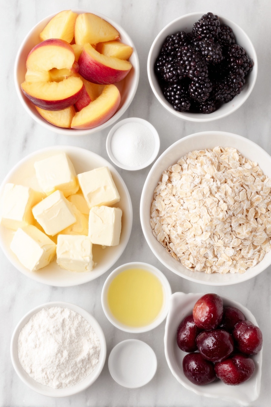 Flat lay of fresh ripe peaches chopped into chunks, two halved and pitted purple plums sliced, small white ceramic bowls each filled with fresh blueberries, blackberries, and raspberries, a few ripe figs sliced and fanned out on a white ceramic plate, small white ceramic bowls containing cornstarch, granulated white sugar, light brown sugar, and rolled oats, a neat pile of all-purpose flour on a white ceramic dish, six irregular pieces of cold unsalted butter arranged on a white ceramic plate, a small white ceramic bowl with fresh lemon juice, all ingredients arranged with perfect symmetry and realistic proportions, placed on a clean white marble surface, soft natural light, photo taken with an iPhone, professional food photography style, fresh ingredients, white ceramic bowls, no bottles, no duplicates, no utensils, no packaging --ar 2:3 --v 7 --p m7354615311229779997