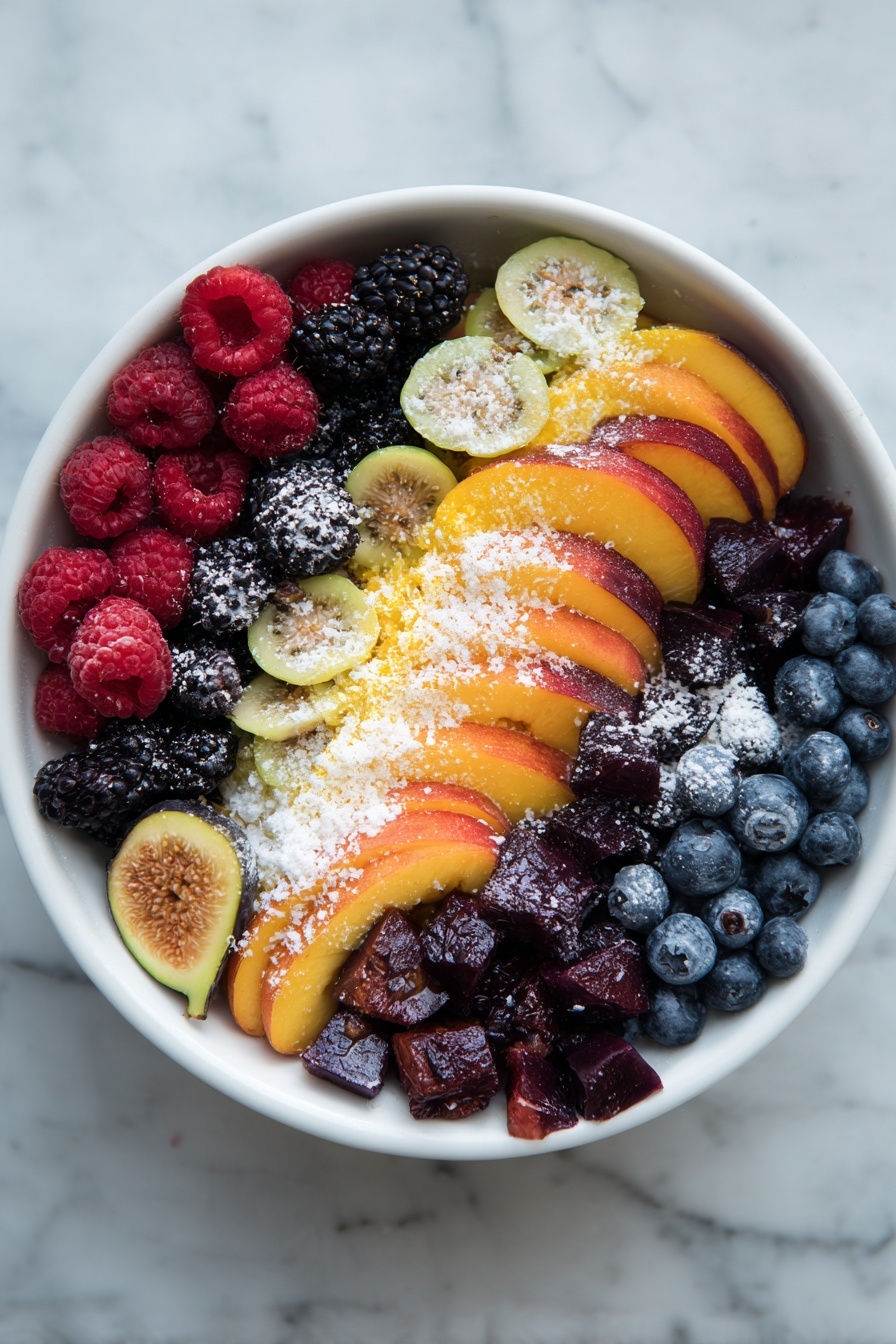 A white bowl filled with five layers of fruit arranged in a circular pattern: the top layer shows red raspberries and dark blackberries with a light sprinkle of white powder. Next to them are small yellow-green figs, cut into halves with some white powder on top. In the middle and largest section, there are bright orange peach slices layered with some white powder sprinkled unevenly. Below the peach slices is a mix of dark purple plums and red plum pieces with a dusting of white powder. The bottom layer has many small, round blueberries, some with white powder on them. The bowl is placed on a white marbled surface. photo taken with an iphone --ar 2:3 --v 7