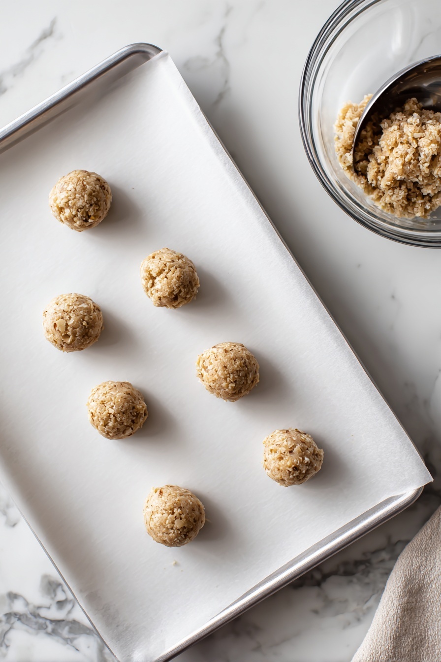 The image shows six small, round balls of cookie dough evenly placed on a white parchment-lined baking tray. Each dough ball is slightly rough with visible small bits inside, giving texture. To the top right, there is a glass bowl with more cookie dough inside, next to a silver scoop partially dipped into the dough. The whole scene is set on a white marbled surface. photo taken with an iphone --ar 2:3 --v 7