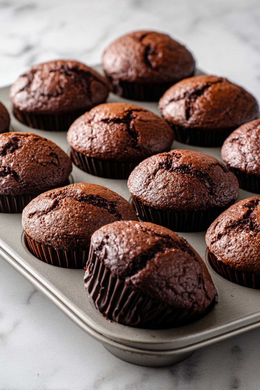 A metal muffin tray holds twelve chocolate muffins, each rounded on top with cracked surfaces showing a rich, dark brown color and a moist texture. Most muffins fit snugly into the tray’s cups, while three muffins are tilted on their sides, revealing dark brown, ribbed paper liners. The muffins have a slightly uneven tops with deep fissures and cracks, adding a rustic look to each piece. The tray sits on a white marbled textured surface, with natural light highlighting the rich chocolate tones and the subtle crumbly texture of the muffin tops. photo taken with an iphone --ar 2:3 --v 7