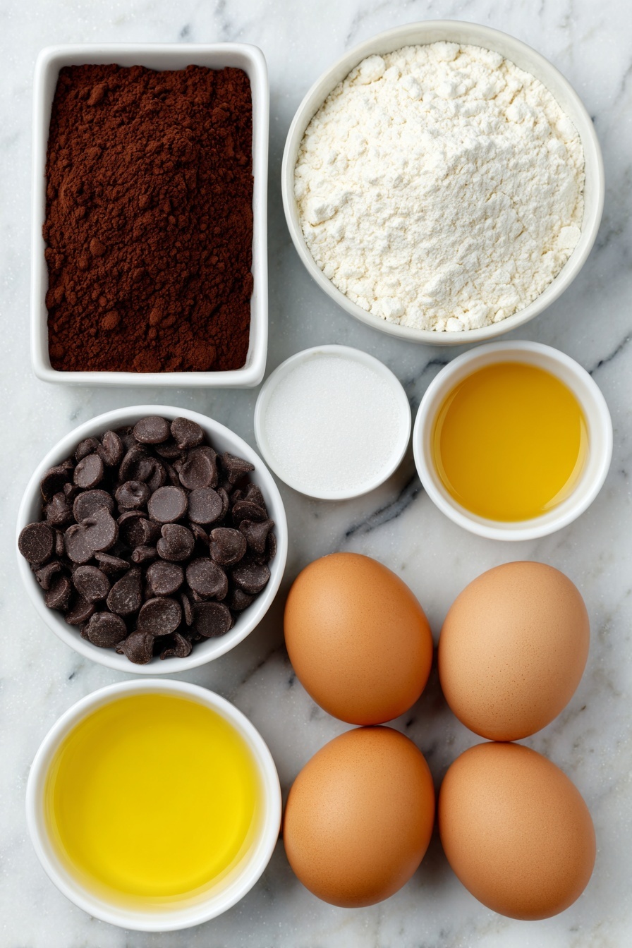 Flat lay of a small mound of all-purpose flour, a heap of rich dark Dutched cocoa powder, a small white ceramic bowl of baking powder, a tiny white bowl of baking soda, a tiny white bowl of salt, a small pile of granulated sugar, two large whole brown eggs with clean shells, a small white bowl of golden vegetable oil, a small white bowl filled with creamy buttermilk, a small white bowl with amber vanilla extract, a neat pile of glossy dark chocolate chips all arranged symmetrically and balanced, placed on a clean white marble surface, soft natural light, photo taken with an iPhone, professional food photography style, fresh ingredients, white ceramic bowls, no bottles, no duplicates, no utensils, no packaging --ar 2:3 --v 7 --p m7354615311229779997