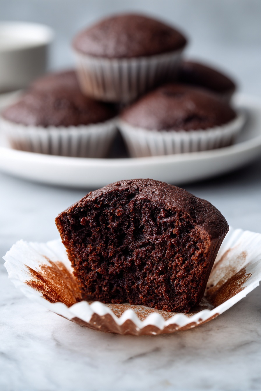 The image shows a clear glass bowl filled with dark brown chocolate batter. On top of the batter, there is a layer of small, shiny chocolate chips scattered evenly. A white spatula with some batter on it is resting inside the bowl, partly covered with chocolate. The bowl is placed on a white marbled surface next to empty white cupcake liners. Photo taken with an iphone --ar 2:3 --v 7