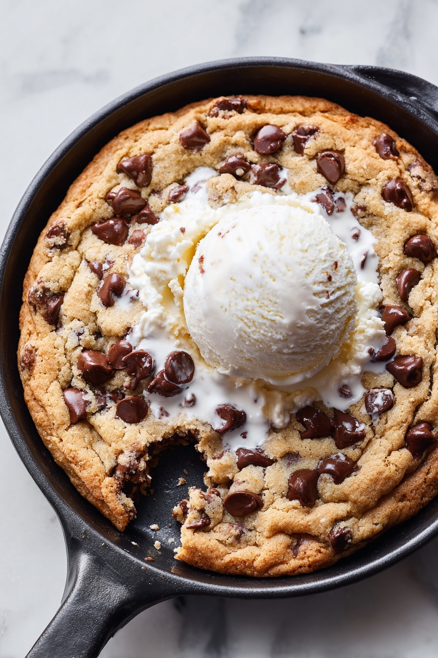 A round skillet holds a large chocolate chip cookie baked golden brown with dark chocolate chips scattered on top, with a scoop of three creamy white vanilla ice cream balls placed at the center. Part of the cookie is scooped out, showing a melted chocolate and soft inside with some white cream pooling around it. Two silver spoons rest on the cookie and skillet edge. The skillet sits on a white marbled surface with a delicate lace cloth partially underneath. photo taken with an iphone --ar 2:3 --v 7