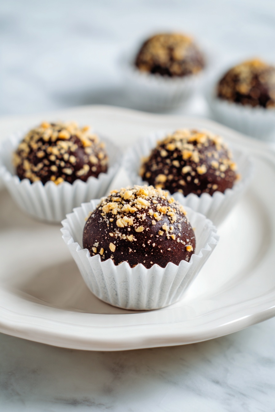 A clear glass bowl holds rich, dark brown chocolate dough with a shiny metal scoop partly pressed into it, showing smooth and slightly crumbly texture. To the right, a white plate lined with white parchment paper shows eight round balls of the same chocolate dough, each with a rough, cracked surface and deep brown color. The scene is set on a rough wooden table that contrasts with the smoothness of the glass and metal tools. photo taken with an iphone --ar 2:3 --v 7