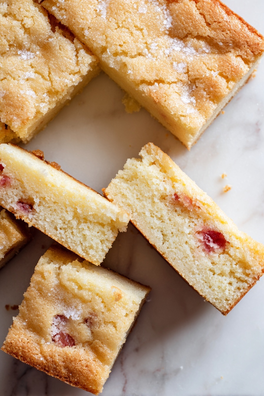 The image shows a close-up of a simple baked cake cut into square pieces, with a rough golden-brown top layer that is slightly cracked and sprinkled with sugar. Inside the cake, there are small red fruit bits scattered throughout, adding specks of color in the pale, soft interior layer. The cake pieces rest directly on a white marbled surface, with one piece fully separated and two others partially cut but still close together. The texture appears soft and slightly crumbly. photo taken with an iphone --ar 2:3 --v 7