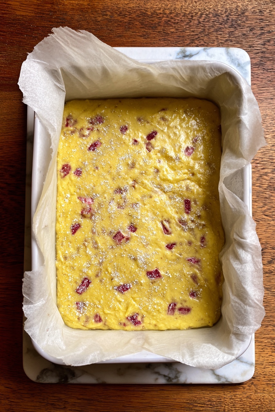 A white baking dish lined with parchment paper holds a thick yellow batter mixed with uneven scattered pieces of reddish fruit. The batter surface is uneven with visible sugar sprinkled lightly over it, showing grainy white textures. The dish sits on a wooden table with a white marbled texture partly visible. photo taken with an iphone --ar 2:3 --v 7