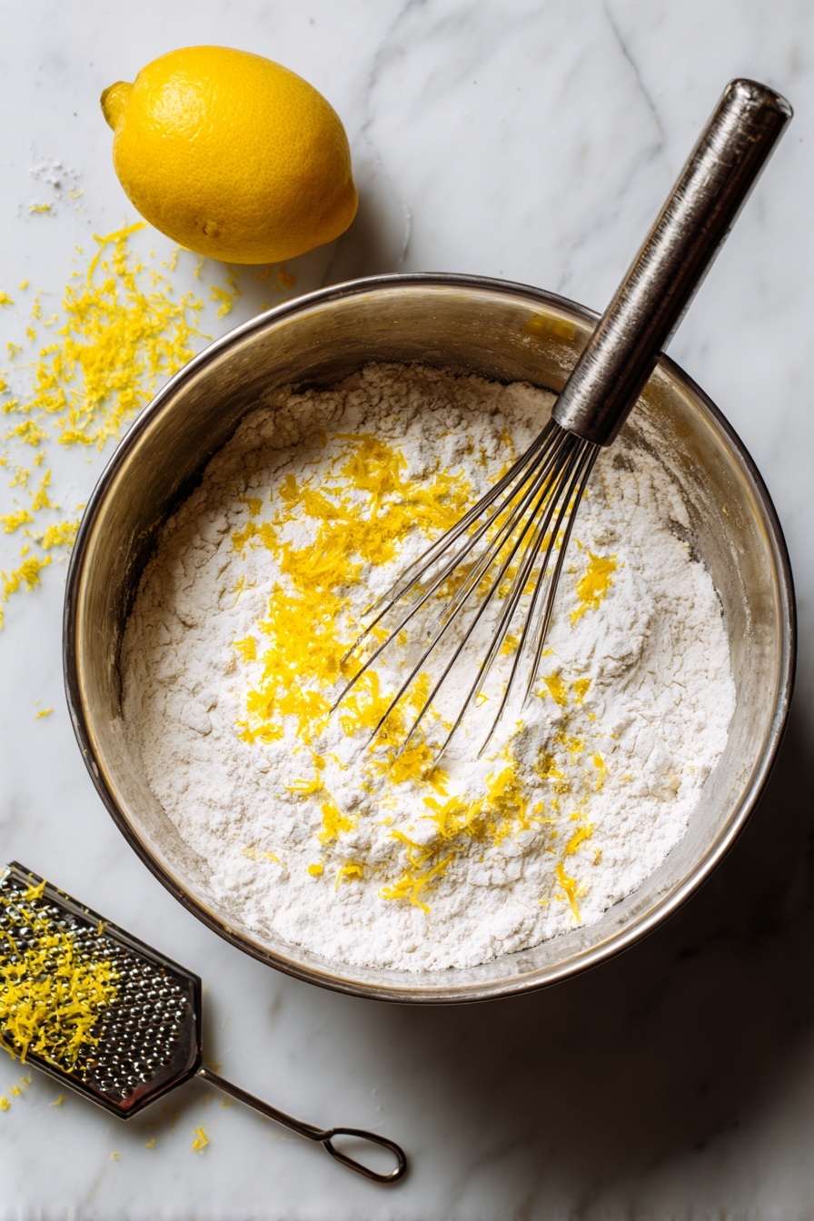 A silver mixing bowl sits on a white marbled surface, filled with a dry white flour mixture and bright yellow lemon zest scattered on top, creating a contrast of colors and textures. A metal whisk rests inside the bowl, partially submerged in the mixture, and to the left, there is a whole yellow lemon next to a metal grater with some lemon zest on it. The whole setup gives a fresh and clean look of the early baking stage. Photo taken with an iphone --ar 2:3 --v 7