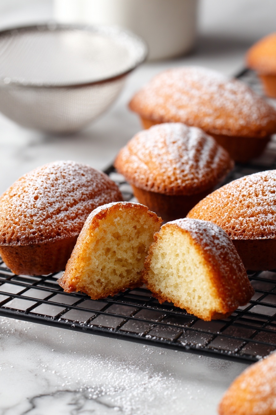 A white scalloped plate holds nine madeleine cakes arranged closely in a circular pattern, each cake lightly dusted with powdered sugar, showing a golden brown exterior with a shell-like texture. Above to the left, a white cup filled with light brown coffee sits on a matching white saucer, with a spoon resting on the edge of the saucer. Next to the cup is a single madeleine with a bite taken out, revealing a soft, yellow, airy inside. Above to the right, another white plate holds three more madeleines, also dusted with powdered sugar. The scene is set on a white marbled surface. photo taken with an iphone --ar 2:3 --v 7