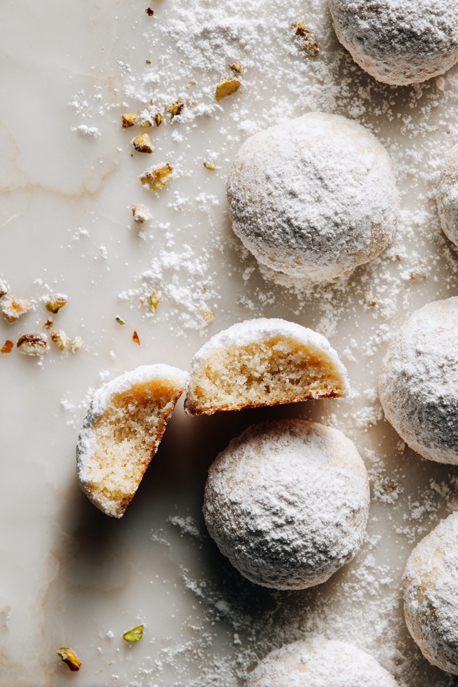 The image shows several round cookies covered in white powdered sugar, stacked on crumpled light brown parchment paper placed on a white plate with a green dotted pattern. One cookie is broken in half, revealing a soft and crumbly yellow inside texture. The cookies have a rough surface under the sugar, and more powdered cookies can be seen blurred in the white marbled background. The focus is on the cookies in the front, capturing the powdery coating and the crumbly inside clearly. Photo taken with an iphone --ar 2:3 --v 7