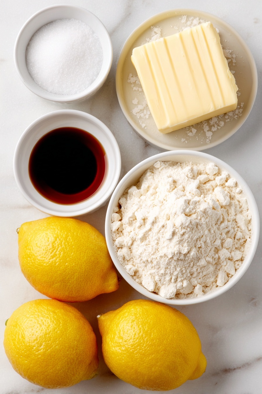 Flat lay of a small square of unsalted butter, a small white ceramic bowl of fine powdered sugar, a few grains of sea salt scattered beside it, a small white ceramic bowl with clear vanilla extract liquid, three whole fresh small lemons with bright yellow skin and some of the lemons partially zested showing the textured zest, a small white ceramic bowl filled with all-purpose flour, all arranged with perfect symmetry on a clean white marble surface, soft natural light, photo taken with an iPhone, professional food photography style, fresh ingredients, white ceramic bowls, no bottles, no duplicates, no utensils, no packaging --ar 2:3 --v 7 --p m7354615311229779997