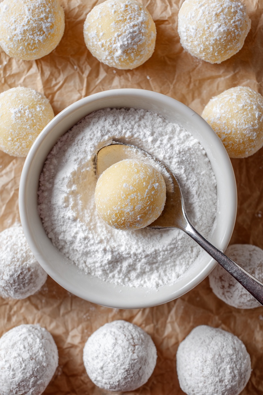 Several small round cookies covered with white powdered sugar are scattered on a surface with crumbs and extra sugar around. Some cookies are whole, showing a smooth, slightly bumpy texture beneath the sugar. Two cookies are broken in half, revealing a soft, golden inside. The surface beneath the cookies has been changed to a white marbled texture. Photo taken with an iphone --ar 2:3 --v 7