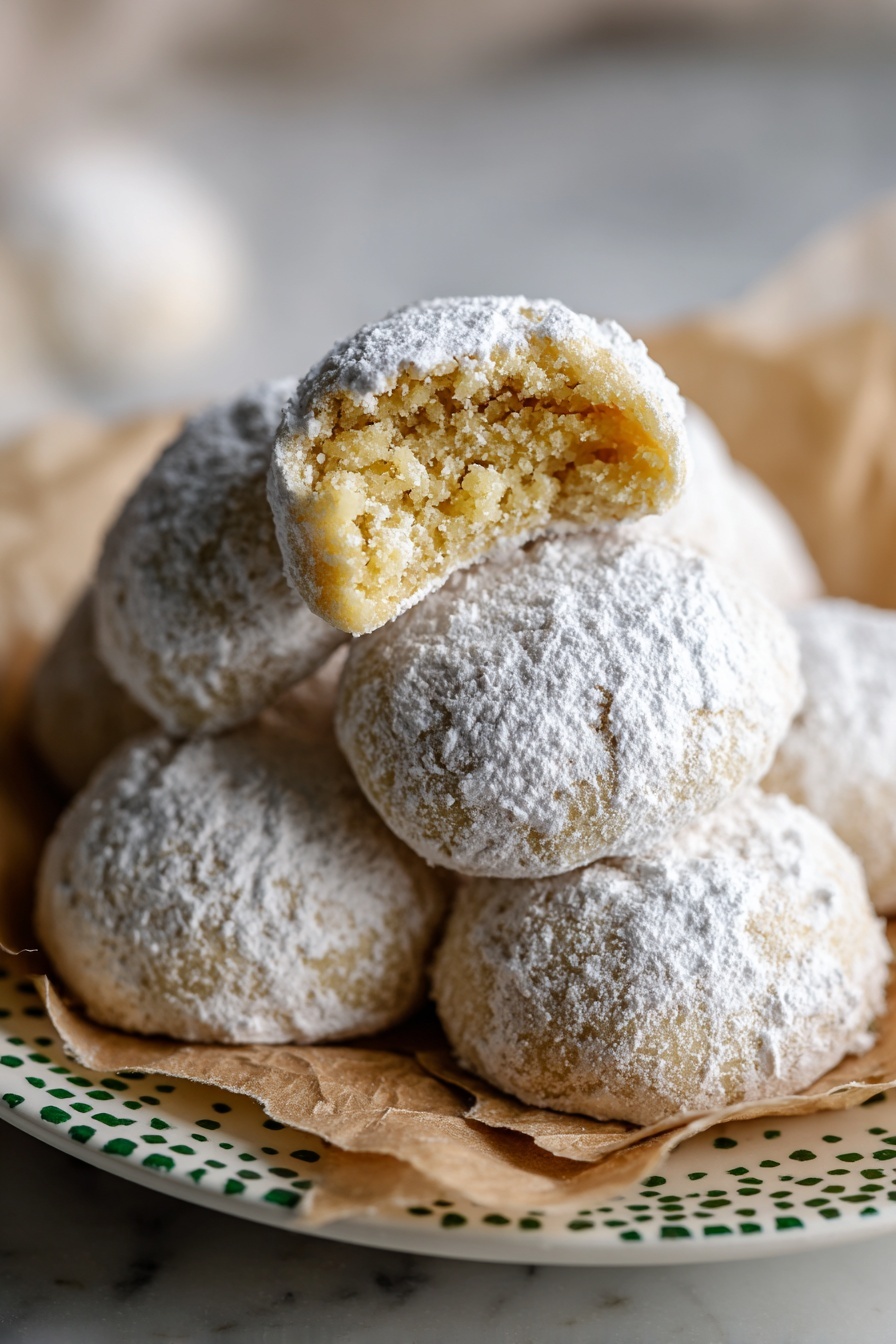 A white bowl filled with white powdered sugar sits on a crumpled brown paper surface. Inside the bowl, a silver spoon holds a smooth, round, light yellow dough ball, partially covered with the powdered sugar. Around the bowl, there are several more dough balls arranged in rows on the paper; the top row shows plain dough balls with a slightly cracked surface, while the bottom row shows dough balls generously coated in white powdered sugar, giving a soft, powdery texture. The whole scene is brightly lit, showing clear textures and gentle shadows. photo taken with an iphone --ar 2:3 --v 7