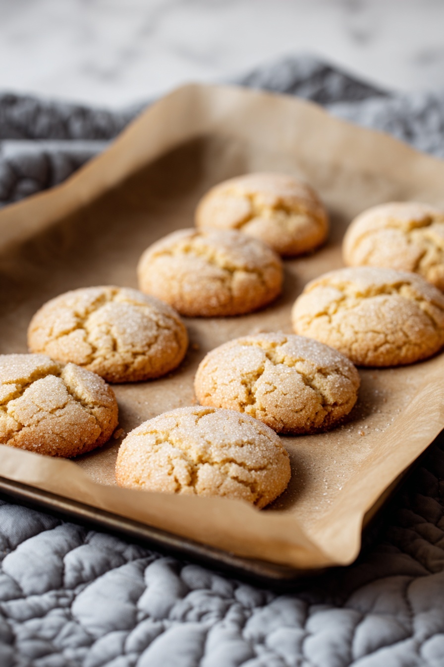 The image shows a baking tray lined with light brown parchment paper, holding eight round cookies arranged in three rows, with three in the back two rows and two in the front row. The cookies are light golden-brown, cracked on top, and have a slightly rough texture with a dusting of sugar that sparkles softly. The tray rests on a grey quilted fabric, and the overall background is a white marbled texture. The photo is close-up and softly focused with warm lighting to highlight the cookie texture, photo taken with an iphone --ar 2:3 --v 7