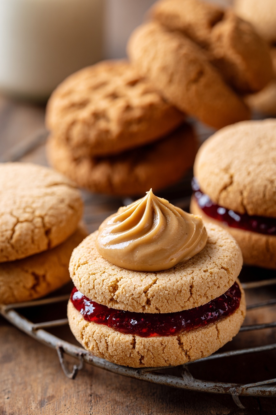 The image shows a close-up of round cookies on a metal cooling rack over a wooden surface, with a white jar blurred in the background. In the foreground, one cookie base is topped with a smooth, light brown creamy layer, rounded with a small peak in the center. Behind it, a sandwich cookie is visible, made of two light brown cracked cookies with a layer of creamy filling and a bright red jam in the middle. Other plain cookies rest on the rack in the background, all with a light brown color and a rough cracked texture. The overall scene is warm and soft-focused, highlighting the textures of the cookies and the cream. Photo taken with an iphone --ar 2:3 --v 7