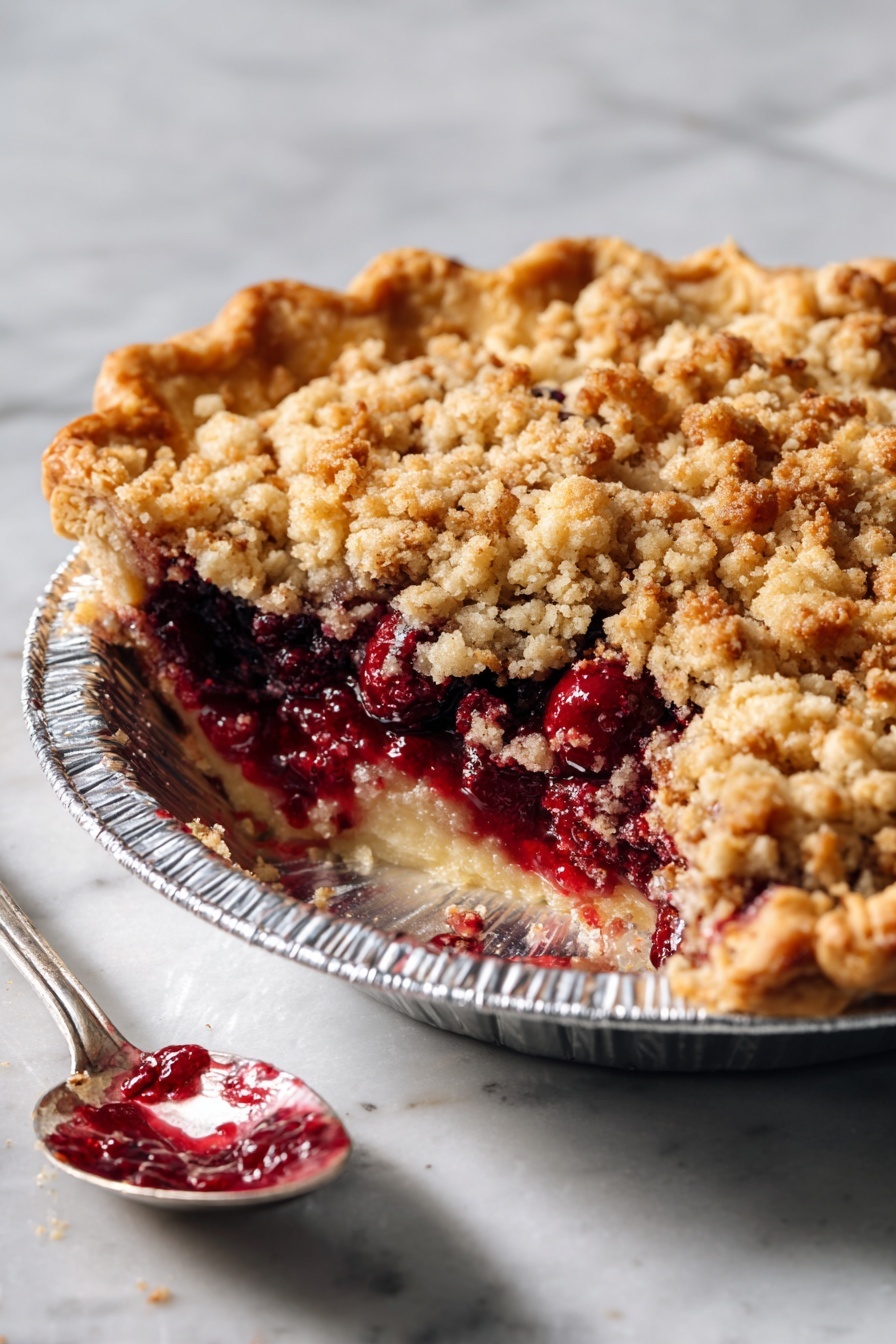 A slice of berry crumble pie sits on a white plate, showing three main layers: the golden brown flaky crust forms the base and edges, a bright red mixed berry filling with juicy, slightly glossy texture covers the center, and a crumbly golden topping with uneven clusters sits on top. Next to the pie slice is a scoop of creamy white vanilla ice cream, slightly melting and mixing with the berry juices around its base. In the background, the rest of the pie is in a silver pie tin with a visible silver fork inside, resting on a white marbled surface. Photo taken with an iphone --ar 2:3 --v 7