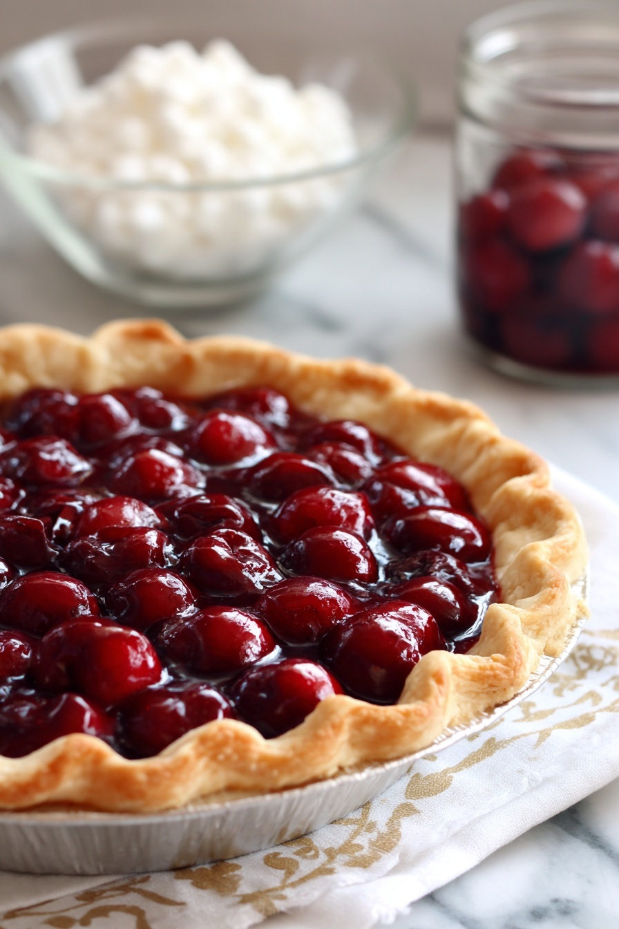 The image shows a close-up of a cherry pie with a golden-brown crust that has a crimped edge, filled with shiny, deep red cherries in a thick, glossy sauce. The pie is in a silver pie tin placed on a white marbled surface with a part of a white and gold patterned cloth visible underneath. In the background, there is a clear glass bowl filled with white crumbled topping and a glass jar containing more of the red cherry filling. The focus is on the front of the pie, making the background softly blurred. Photo taken with an iphone --ar 2:3 --v 7