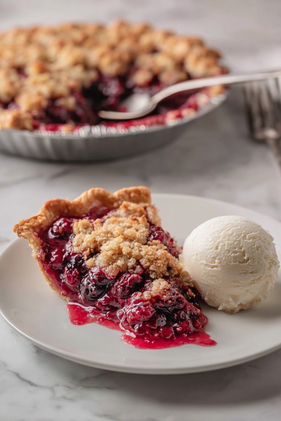 A pie with three visible layers sits in a shiny aluminum pie dish on a white marbled surface. The bottom layer is a light golden-brown crust with a crimped edge, holding a thick, deep red fruit filling with whole berries visible. The top layer is a crumbly, pale golden streusel topping with small chunks and a slightly rough texture. To the left of the pie, a silver serving spoon with some red filling on it rests on the surface. Photo taken with an iphone --ar 2:3 --v 7
