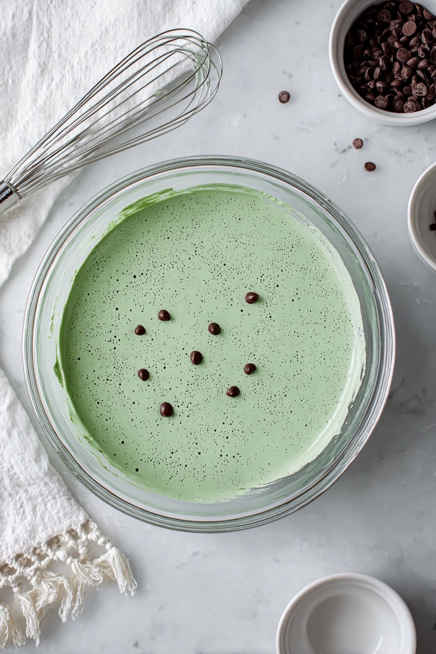 Four round pancakes are cooking on a white speckled square pan. Each pancake shows a golden brown top with light green edges, indicating a soft texture with slight fluffiness. The pancakes are evenly spaced with two on top and two at the bottom. Around the pan, there are small chocolate chips scattered to the left and fresh green mint leaves at the top right, resting on a white marbled surface. A white slotted spatula lies on the left side of the pan, and a white cloth with a textured edge is visible on the bottom right. photo taken with an iphone --ar 2:3 --v 7