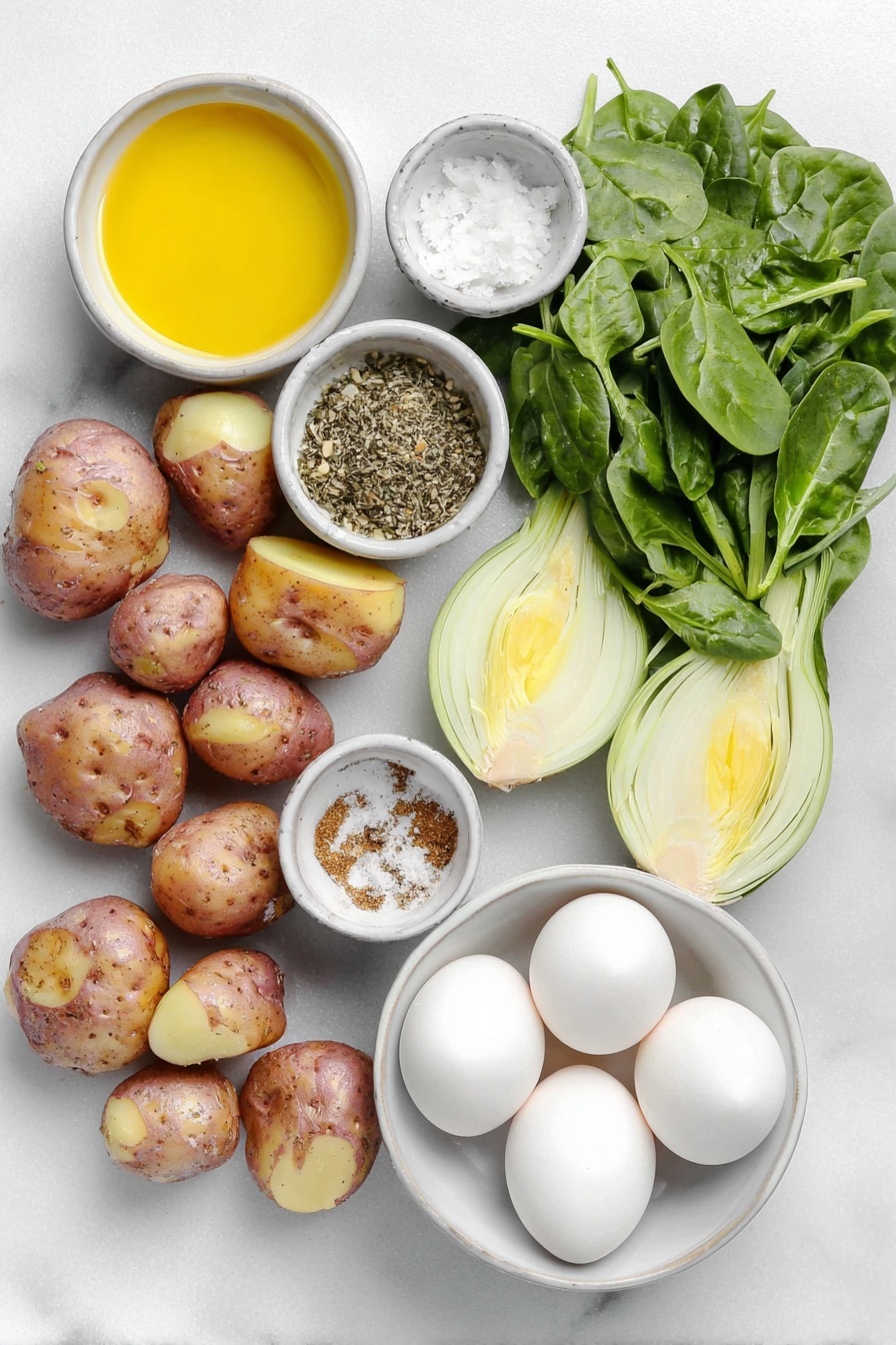 Flat lay of fresh peeled red potatoes chopped into small chunks, a whole medium leek with light green and white layers sliced, a small pile of minced garlic cloves, a fresh bunch of vibrant baby spinach leaves, eight whole clean white eggs, a small white ceramic bowl with golden olive oil, a small white ceramic bowl with Italian seasoning herbs, a small white ceramic bowl of ground cumin powder, and a small white ceramic bowl of fine sea salt crystals, all arranged in perfect symmetry on a clean white marble surface, soft natural light, photo taken with an iPhone, professional food photography style, fresh ingredients, white ceramic bowls, no bottles, no duplicates, no utensils, no packaging --ar 2:3 --v 7 --p m7354615311229779997