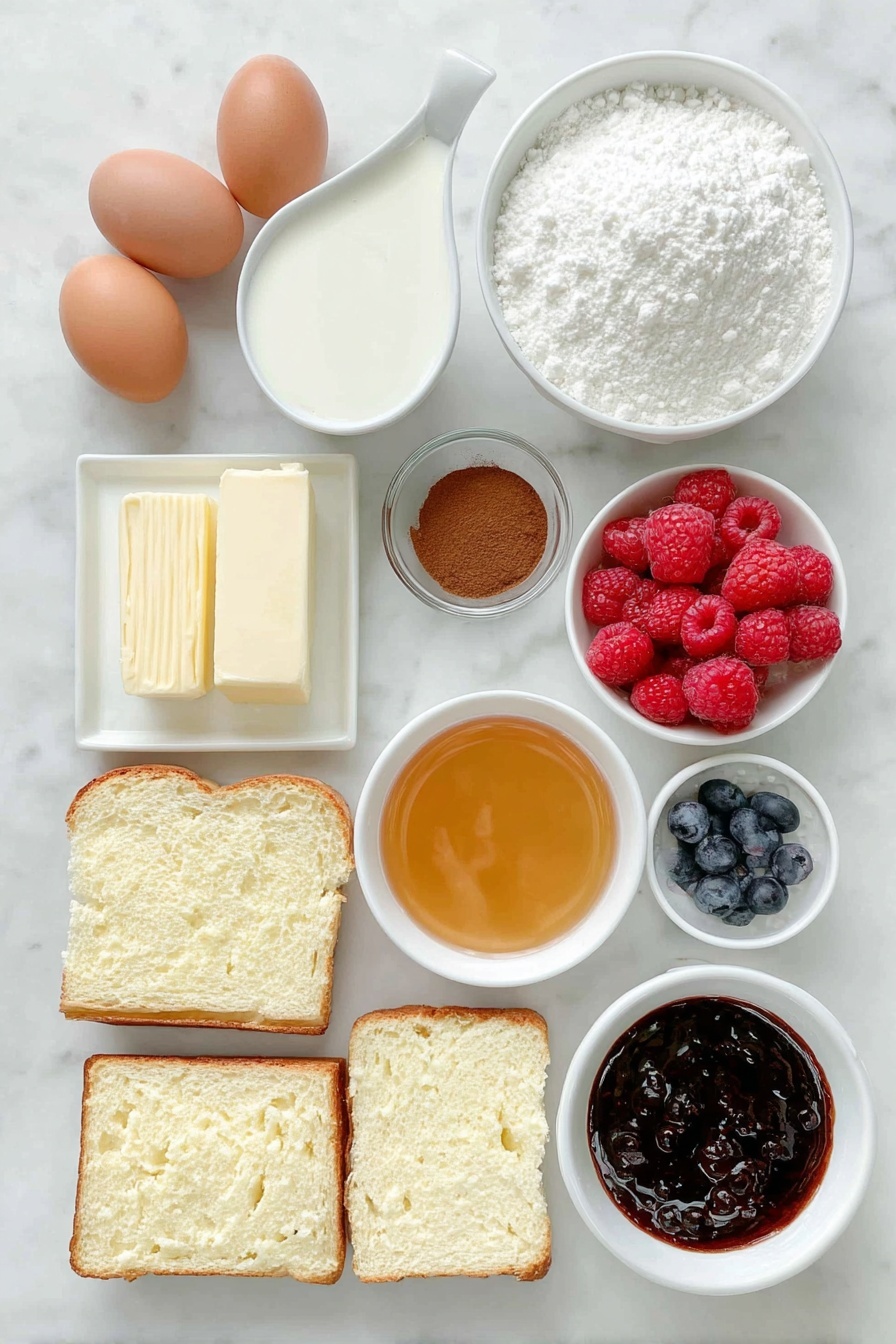 Flat lay of two whole uncracked brown eggs, a small white ceramic bowl with whole milk, a small white ceramic bowl with melted butter, a small white ceramic bowl with ground cinnamon powder, a small white ceramic bowl with clear vanilla extract, four thick slices of fresh Irish soda bread arranged neatly, a small white ceramic dish with fresh mixed berries, a small white ceramic bowl with powdered sugar, and a small white ceramic bowl with golden maple syrup, all placed on a clean white marble surface, soft natural light, photo taken with an iPhone, professional food photography style, fresh ingredients, white ceramic bowls, no bottles, no duplicates, no utensils, no packaging --ar 2:3 --v 7 --p m7354615311229779997