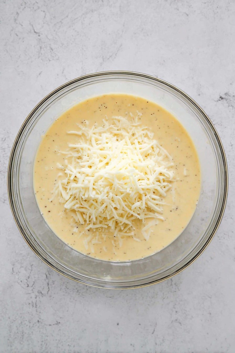 A clear glass bowl sits on a white marbled surface, filled with a pale yellow liquid batter that has small black specks throughout. On top of this smooth batter, there is a loose pile of shredded white cheese, creating a contrast in texture and color with the creamy yellow base. The bowl is clean and simple, showing off the mixture inside clearly. photo taken with an iphone --ar 2:3 --v 7