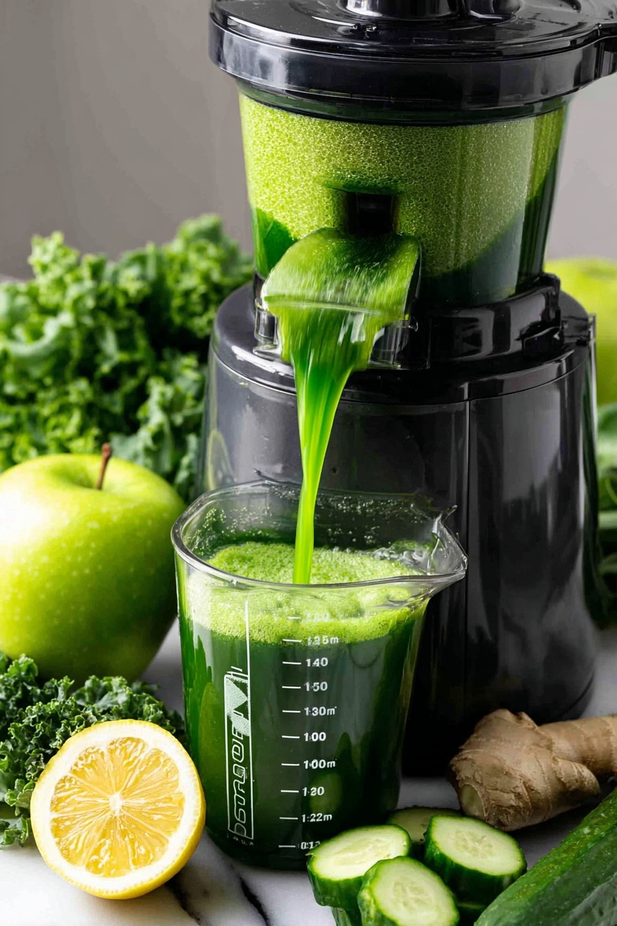 A close-up of a black juicer pouring bright green juice into a clear measuring container with white measurement marks on the front, showing a thick, frothy texture with bits of pulp. The juicer sits on a white marbled surface. Around the juicer are fresh ingredients: a bright green apple, half a lemon showing its yellow inside, a cucumber cut in half with visible seeds, green leafy kale, celery stalks, spinach leaves, and a small piece of ginger root. The juice flow is smooth and vibrant, filling the measuring container nearly to the top. Photo taken with an iphone --ar 2:3 --v 7