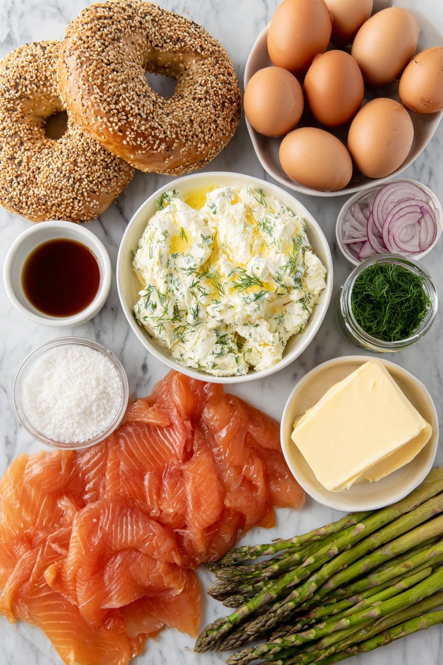 Flat lay of a fresh sesame bagel sliced in half, a small pile of thinly sliced red onion, a few bright green asparagus tops, three whole brown eggs with clean shells, a small white bowl of smooth cream cheese mixed with finely chopped fresh dill, a small white bowl of red wine vinegar, a small white bowl of granulated sugar, a small white bowl of grated pale parmesan cheese, a small white bowl of fresh lemon juice, a few unevenly cracked black peppercorns and coarse sea salt scattered naturally nearby, a small slab of creamy butter, and delicate slices of bright orange smoked salmon arranged in soft folds, all placed on a clean white marble surface, soft natural light, photo taken with an iPhone, professional food photography style, fresh ingredients, white ceramic bowls, no bottles, no duplicates, no utensils, no packaging --ar 2:3 --v 7 --p m7354615311229779997